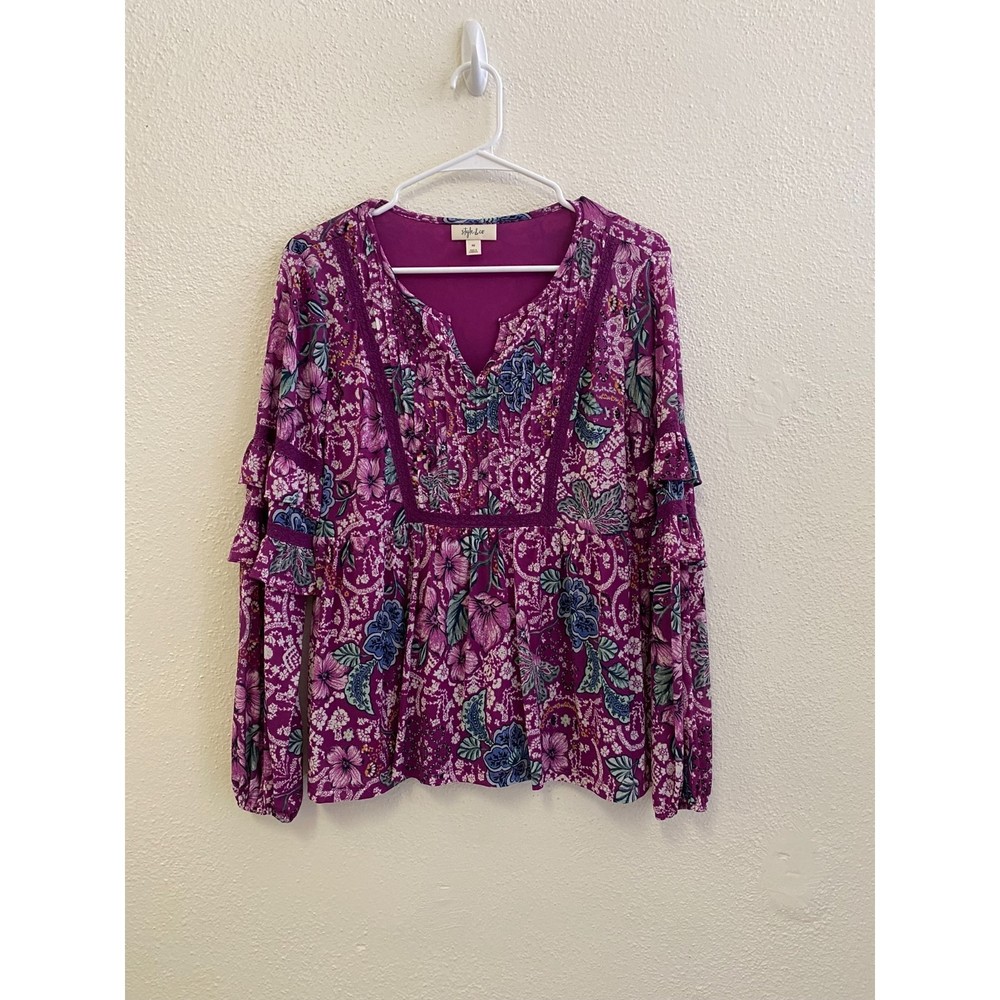 STYLE & CO purple floral boho indie prairie ruffle long sleeve top size XS